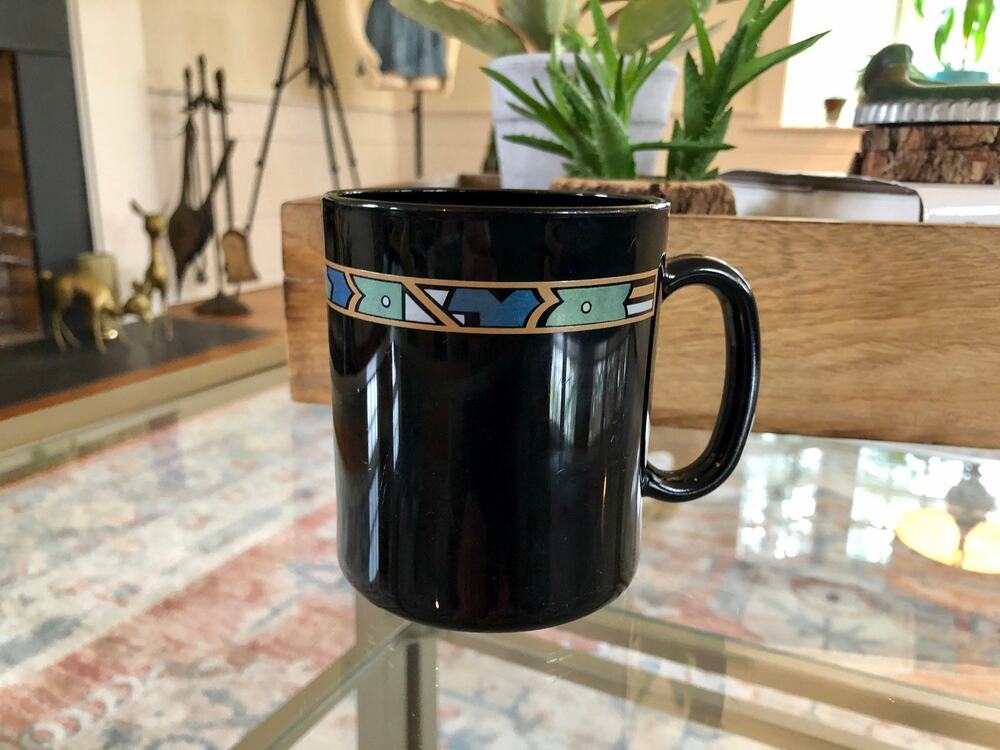 France Arcoroc Coffee Mug, Black Abstract Print Art Cup, Vintage Black French
